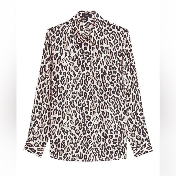 NWT Theory Classic Straight Leopard Print Silk Shirt size L - Picture 3 of 13